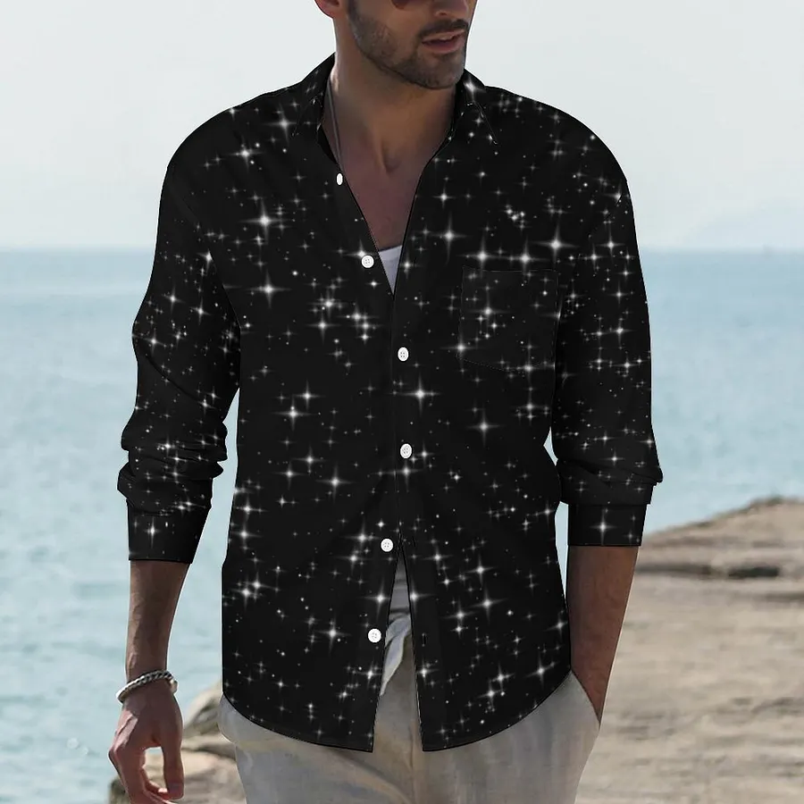 Black Starry Night Elegant Modern Men's Casual Long Sleeve Hawaiian Button Down Pocket Shirt Black-M