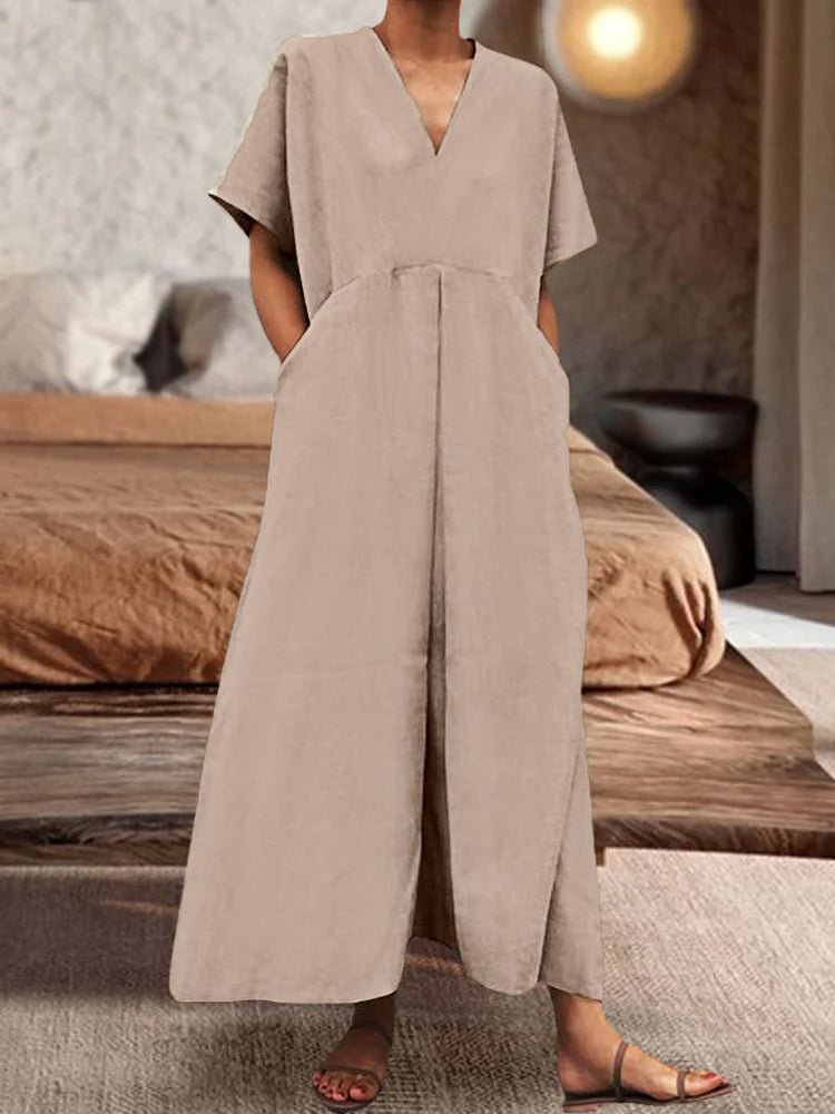 Solid V-Neck Large Pocket Short Sleeve Linen Dress
