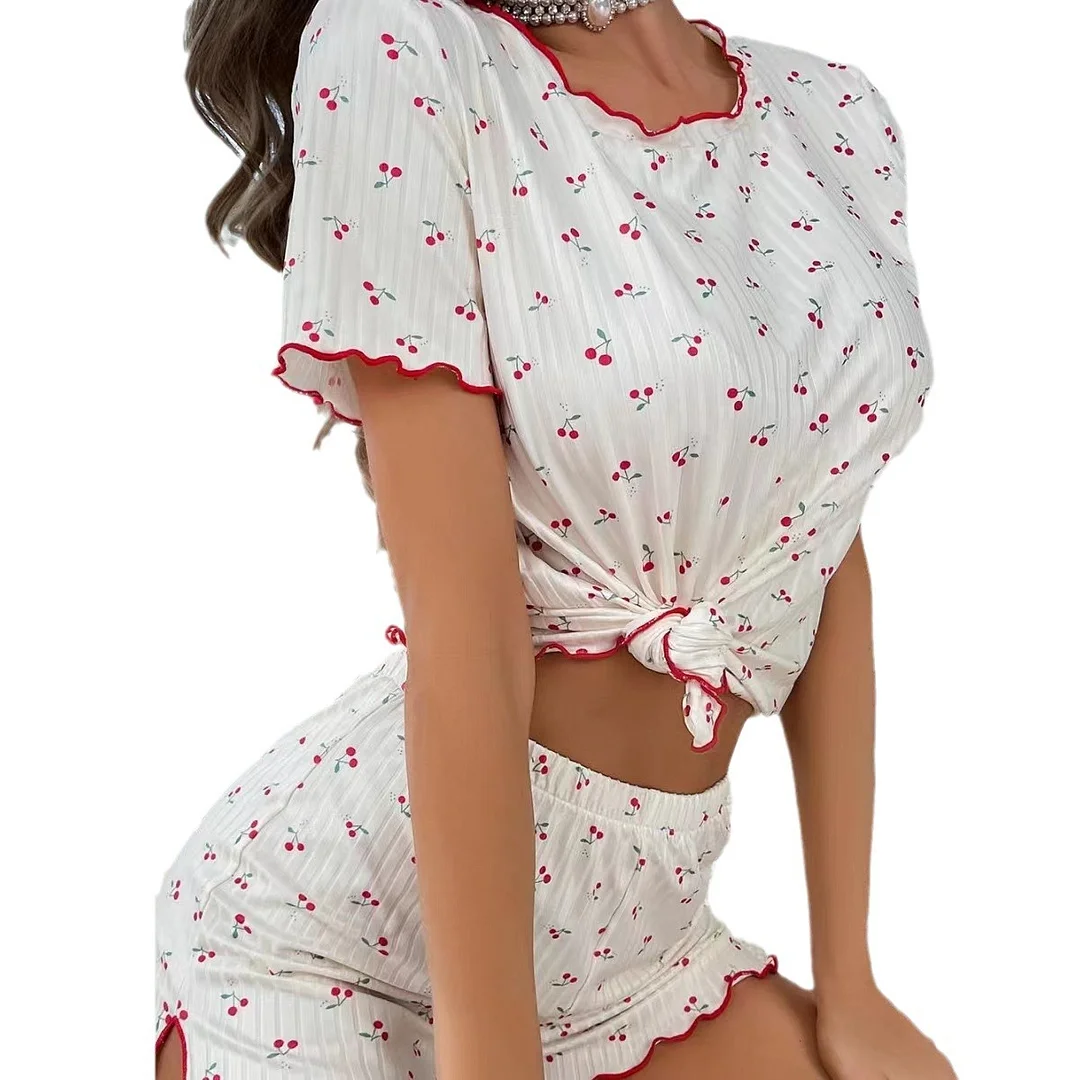 Uveng 2024 New Round-Neck Wooden Ear Short-Sleeved T-Shirt Print Bag Hip Skirt Two-Set