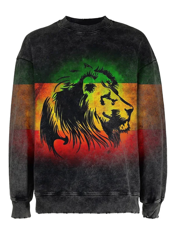 Men's Juneteenth Color Contrast Giant Lion Head Retro Print Sweatshirt
