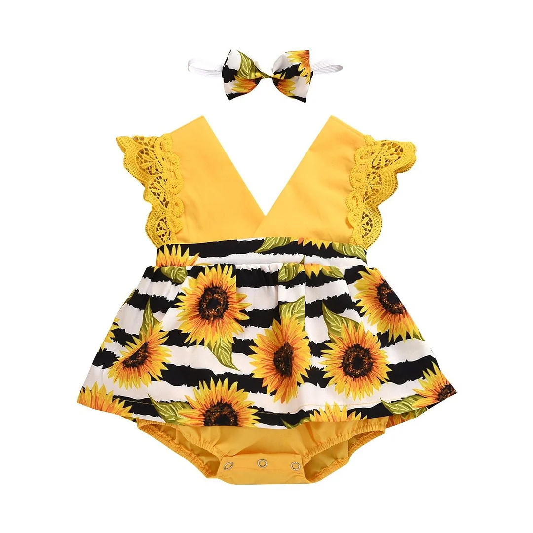 2020 Baby Summer Clothing Infant Newborn Baby Girls Sunflower Lace Bodysuits Dress Striped Jumpsuits Sleeveless Sunsuit Headband
