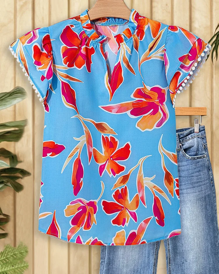 Floral Print Flutter Sleeve V Neck Unique T-Shirt