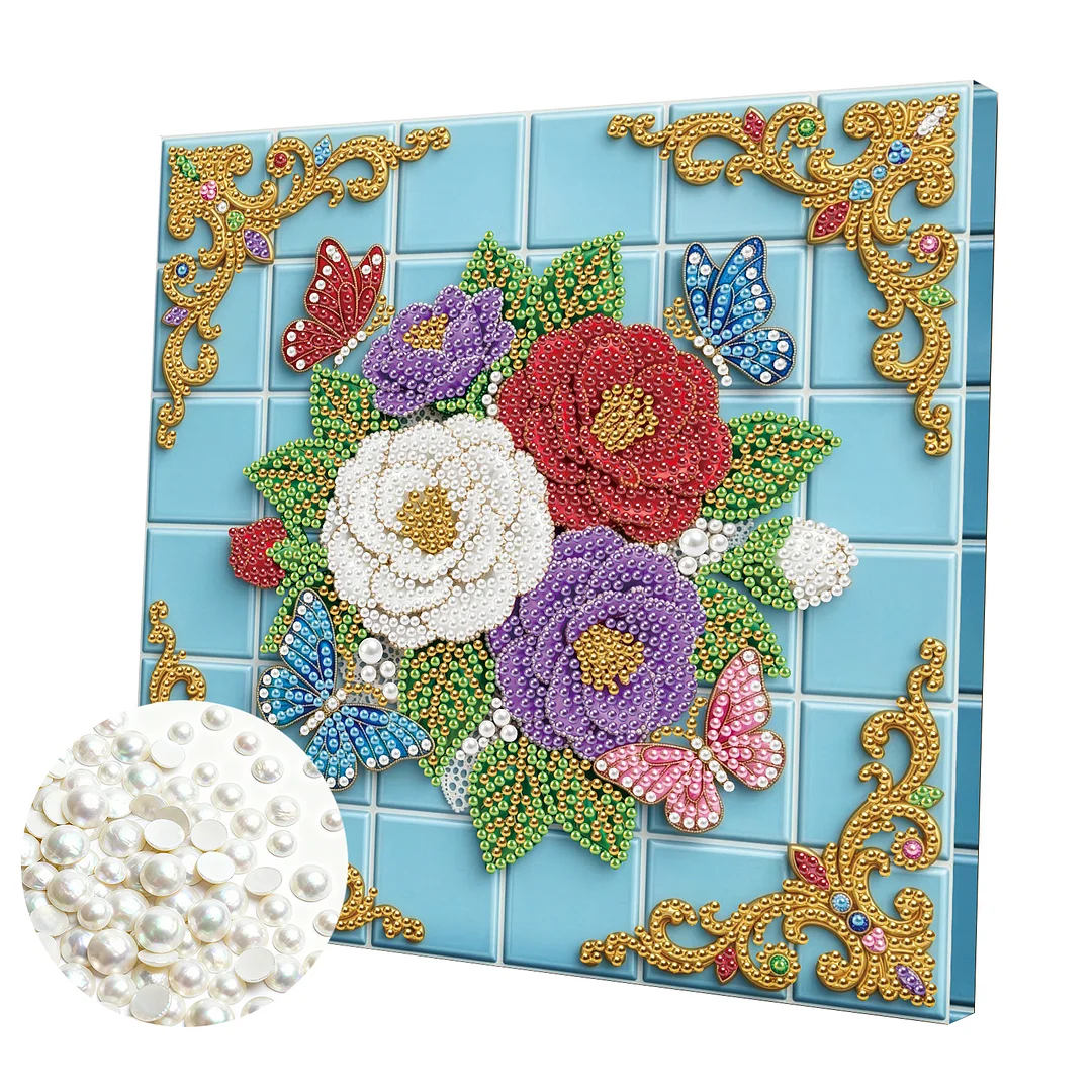 Butterfly Flowers - DIY Pearl Diamond Art Kit With Frame 25*25cm