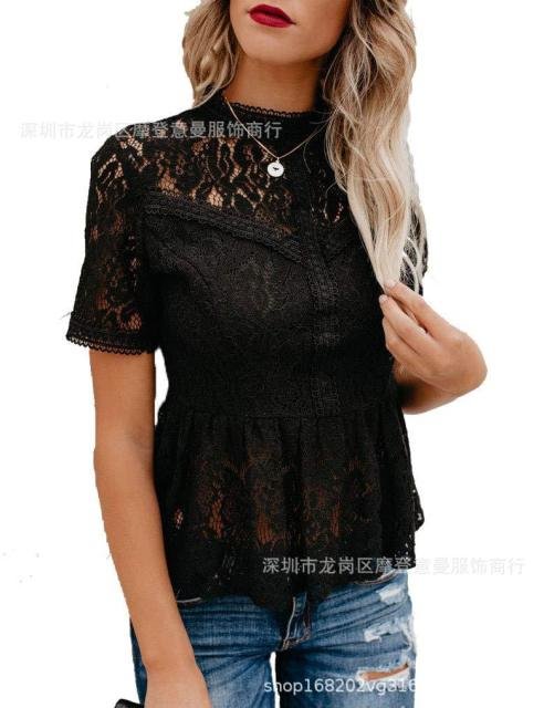 Sexy Lace Up Hollow Shirt Blouses Women Summer Fashion O-neck Short Sleeve Slim Shirts For Women White Vintage Tops Femme - Shop Trendy Women's Fashion | TeeYours