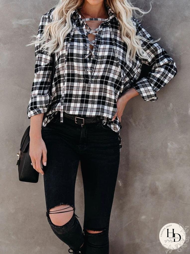 Blouses Plaid Half-Placketed Belted Lapel Comfortable Blouses for Women