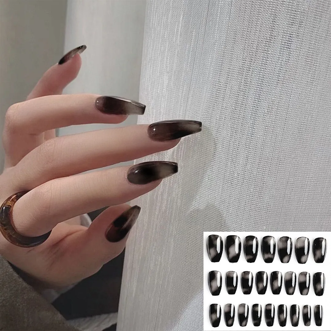 24pcs Detachable False Nails French with Black Line Fake Nails Full Cover Nail Art Tips Press on Nails with Glue Manicure Tools 515-1-Nail Inspo
