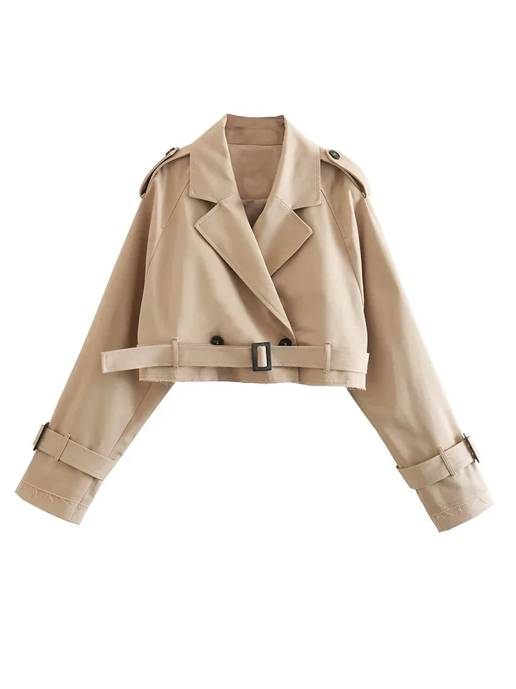 Tlbang New Women Fashion With Belt Oversized Cropped Trench Coats Vintage Double Button Long Sleeve Ladies Short Khaki Jacket