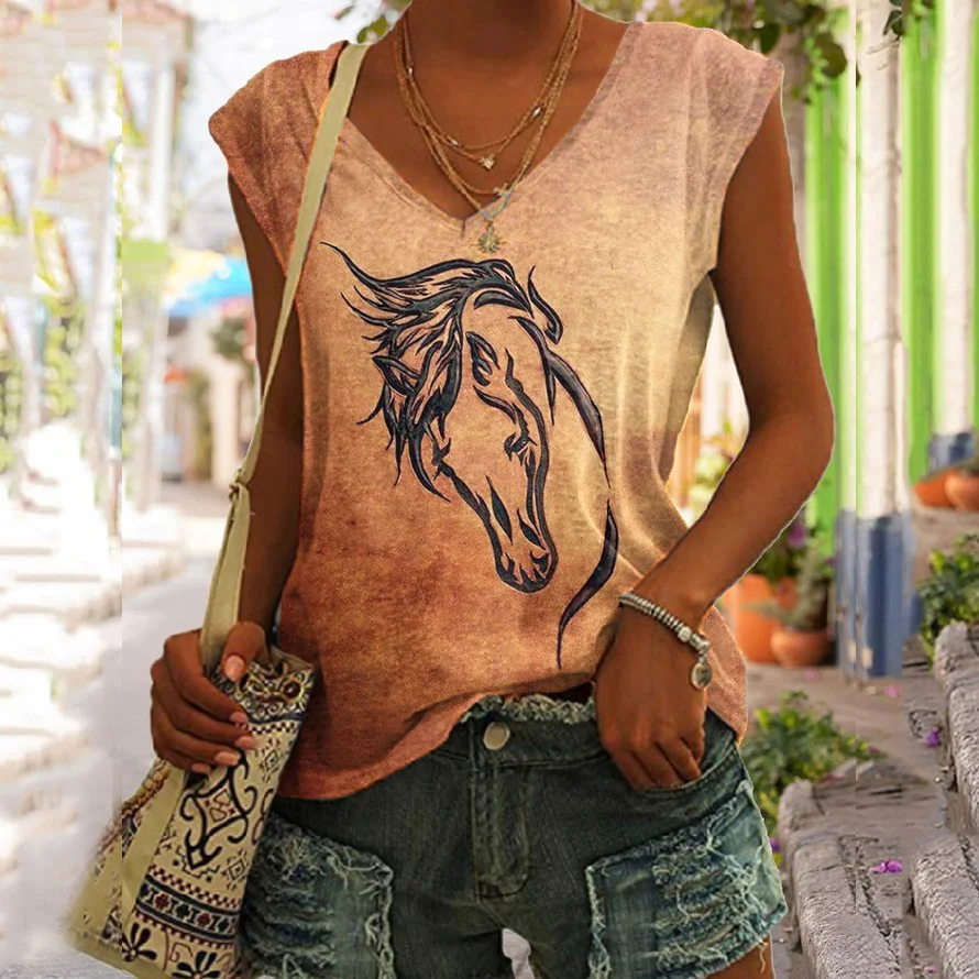 Weatern Horse Printed Casual Tank Top