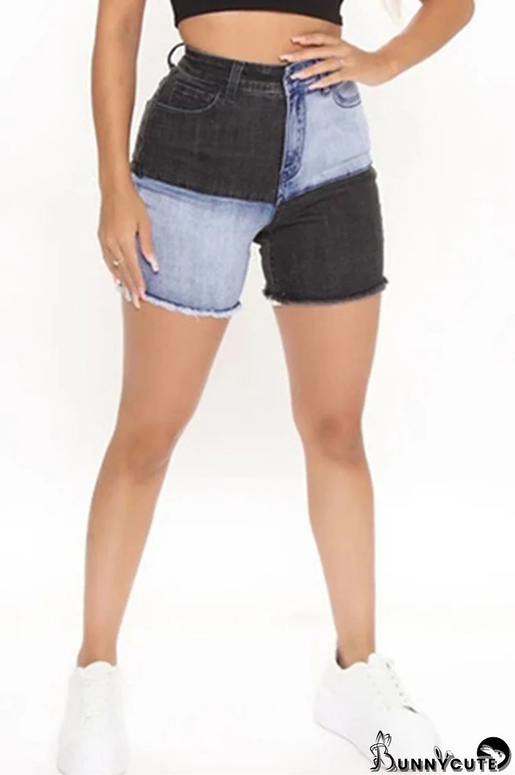 Black Fashion Casual Patchwork Basic High Waist Skinny Denim Shorts