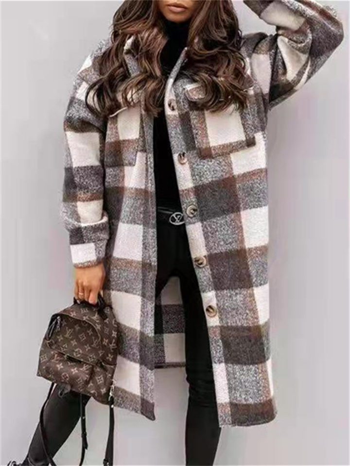 Women's Trench Coat Shacket Long Plaid Coat with Pockets Slim Fit Coat Gray Khaki Brown Modern Style Street Fall Single Breasted Turndown Regular Fit S M L XL XXL / Winter