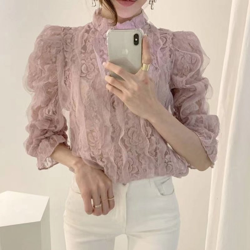 Korean Style Stand Collar Lace Mesh Blouse Women New Long Sleeve Elegant Fashion Lady Solid Tops Sweet Clothing Blusas 12511