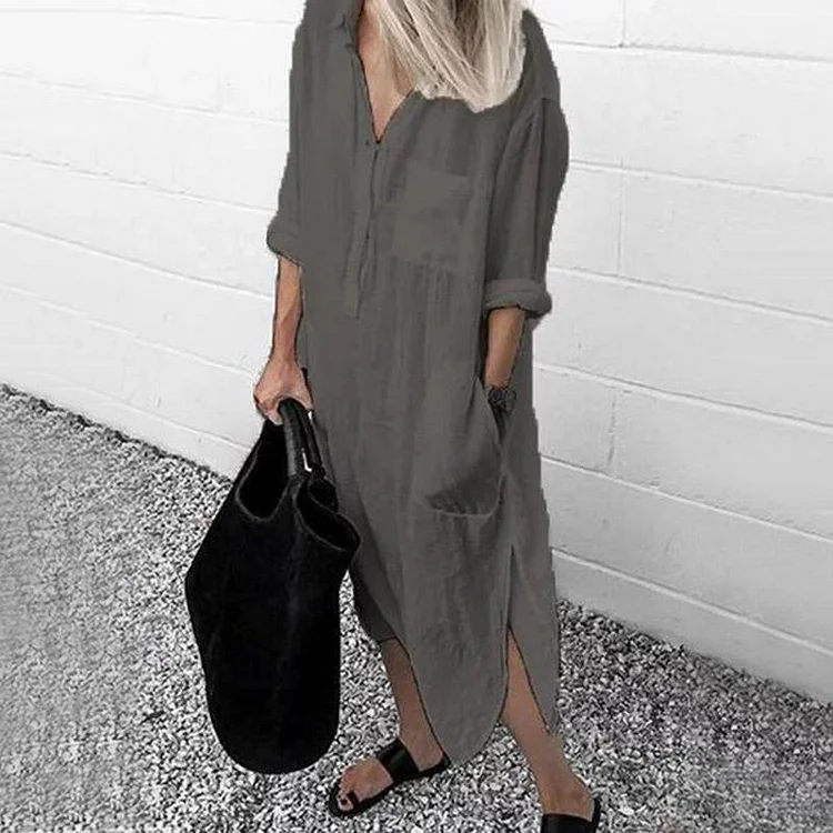 Casual Solid Long Sleeve Pocket Shirt Maxi Dress