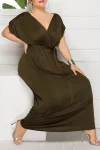 Plus Size Elegant Lace Up Solid Deep V Neck Maxi Dress