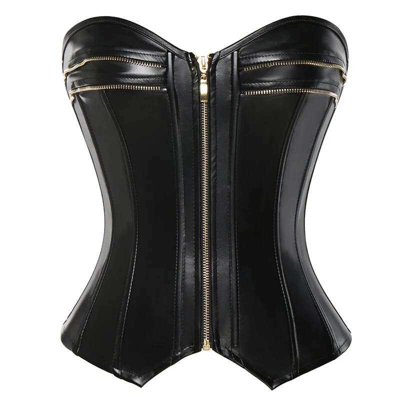 Billionm for Women Punk Rock Faux Leather Zipper Lace Up Corset Retro Goth Waist Cincher Basque Bustier with G-String