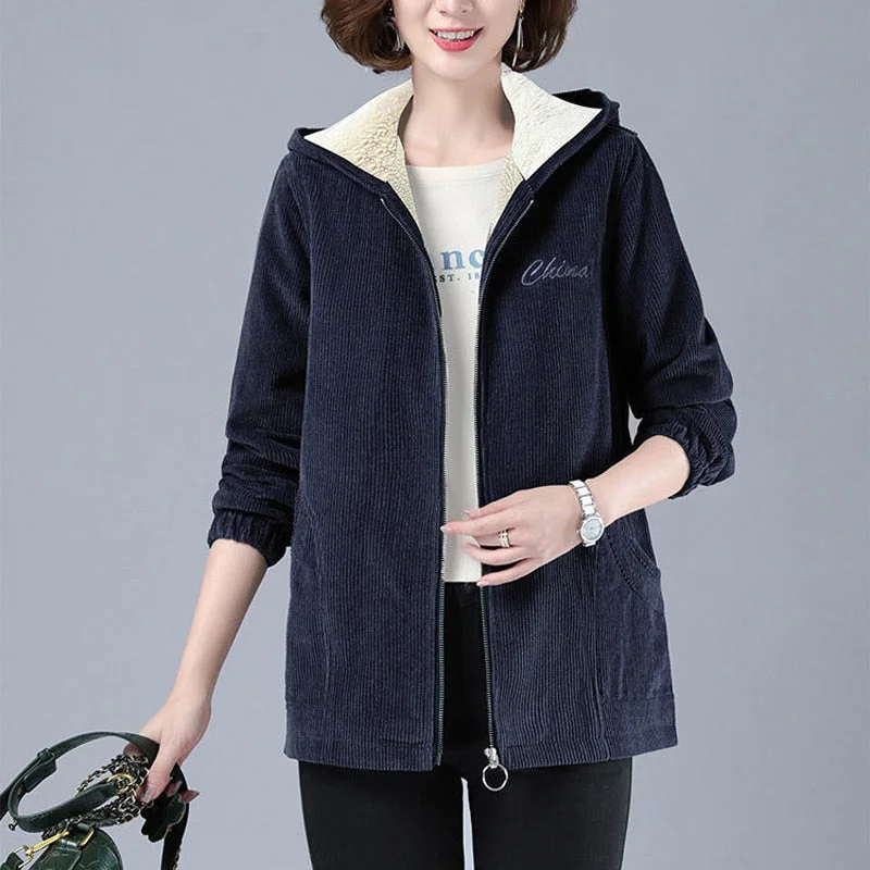 Zoki Warm Women Corduroy Coat Winter Thick Vintage Plus Size Pocket Zipper Female Jacket Hooded Loose Long Sleeve Lady Clothes
