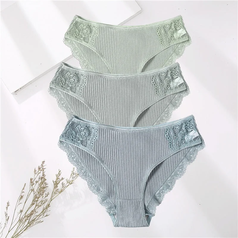 FINETOO 3PCS/Set M-XXL Cotton Underwear Women's Panties Comfort Underpants Floral Lace Briefs For Woman Sexy Low-Rise Intimates