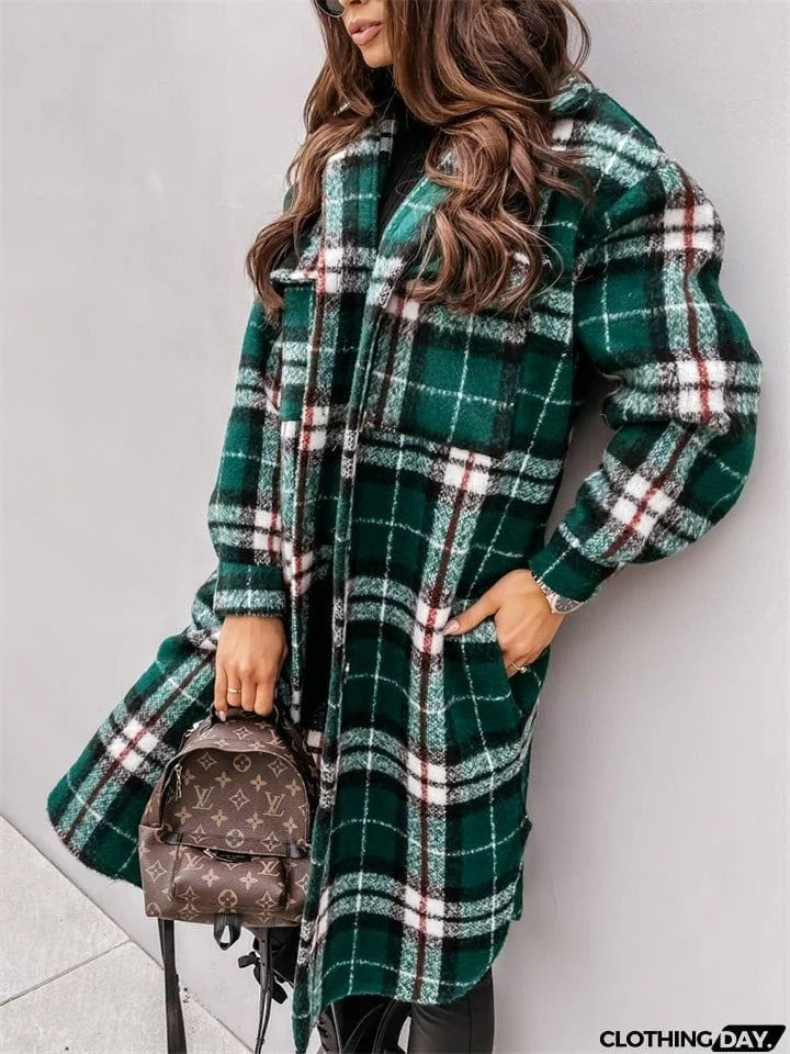Women's Fashion Long Plaid Shacket Coat