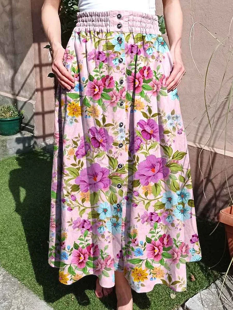 Women's Elegant Rose Flower Print Cotton Skirt