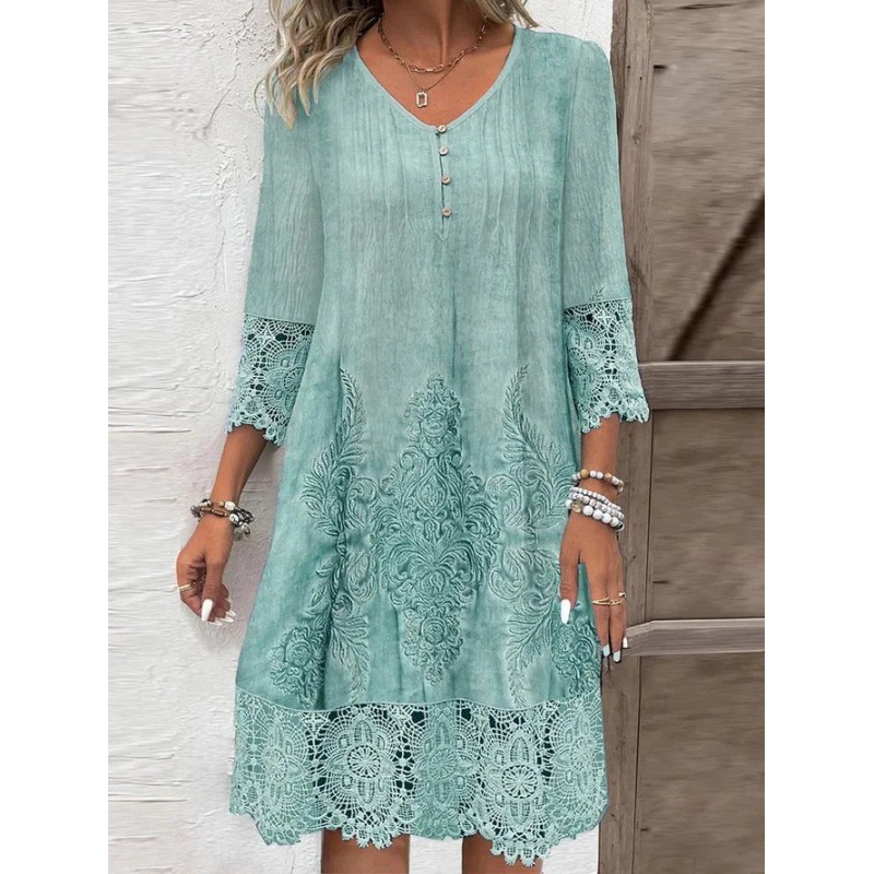 Karastik 2025 New Women's Spring Summer Solid Color Sexy Hollow Fashion Lace Lace Printed Casual Five Sleeve Knee Length Dress