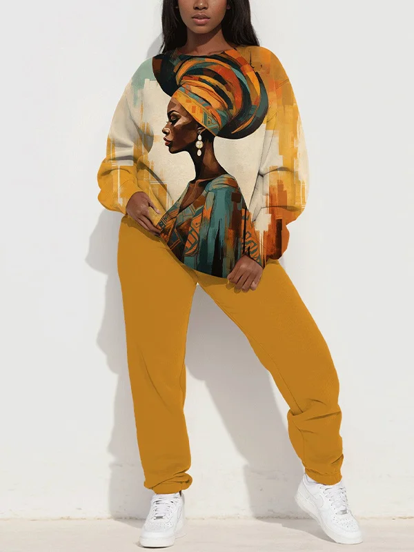 Women's Tribe Black Woman Portrait Print Sweatshirt Casual Pants Matching Set