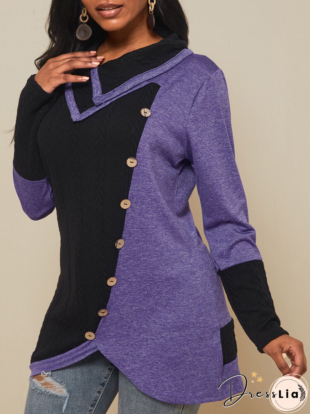 Contrast Color Long Sleeve Asymmetrical Patchwork Sweater for Women