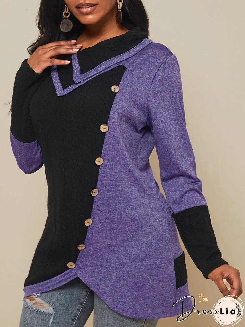 Contrast Color Long Sleeve Asymmetrical Patchwork Sweater for Women