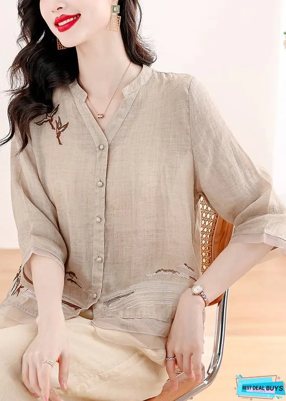 Vintage Khaki Embroidered Patchwork Linen Two Piece Set Outfits Summer