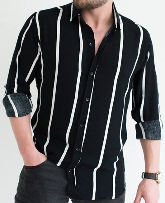 Casual Vertical Stripe Print Lapel Collar Long Sleeve Shirt
