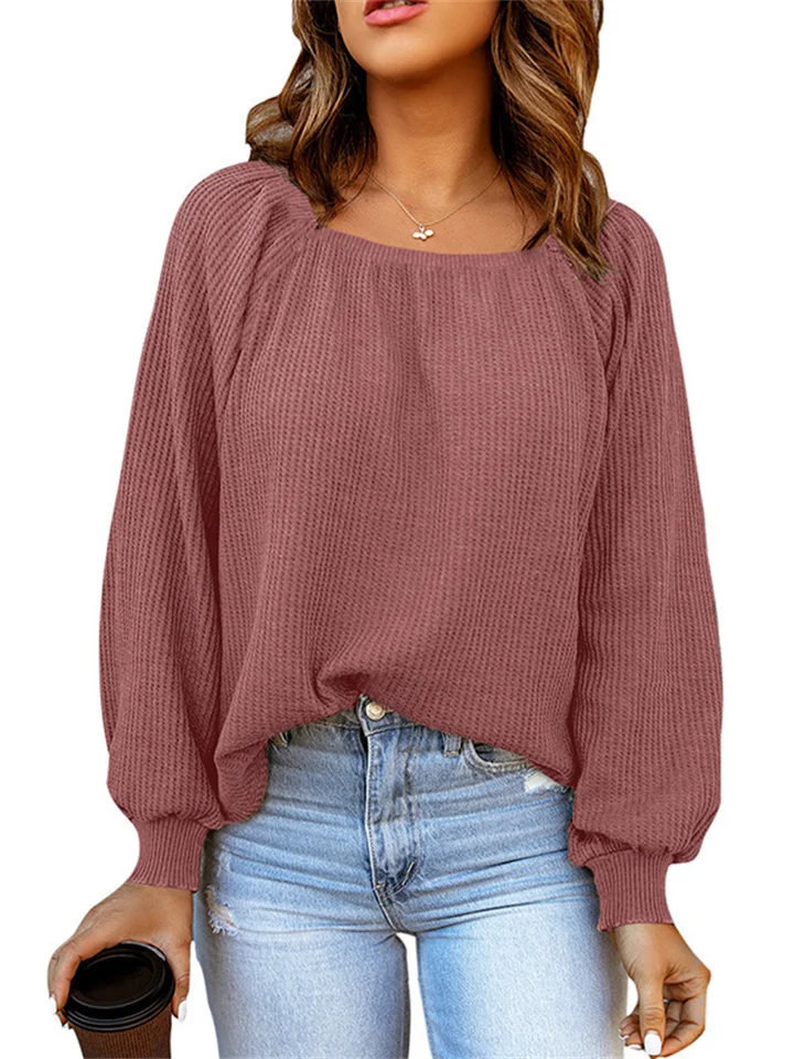 Spring and Autumn New Women's Solid Color One Word Square Neck Loose Casual Knit Sweater Tops for Women-Cosfine
