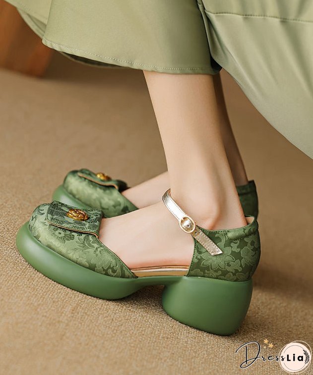 New Retro Green Embossed Buckle Strap Chunky Sandals