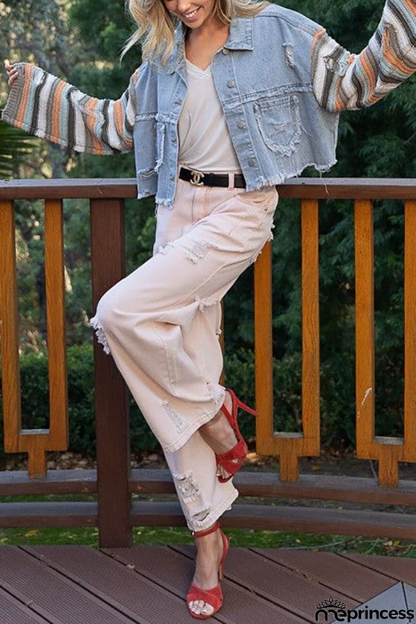 Crochet Sleeve Denim Crop Jacket