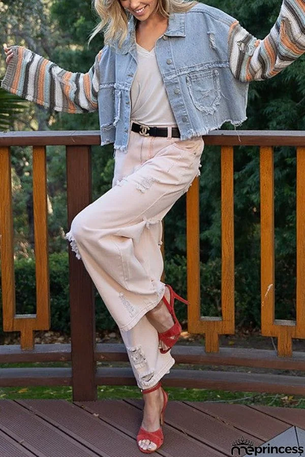 Crochet Sleeve Denim Crop Jacket