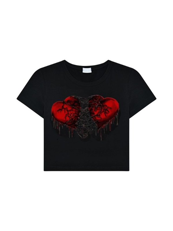 Punk Crop Heart Printed Crew Neck Short Sleeve Paneled Top