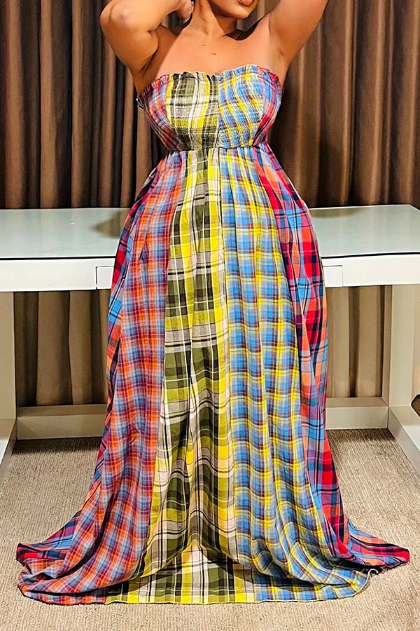Multicolor Plaid Urban Strap Shirred Strapless Maxi Dress