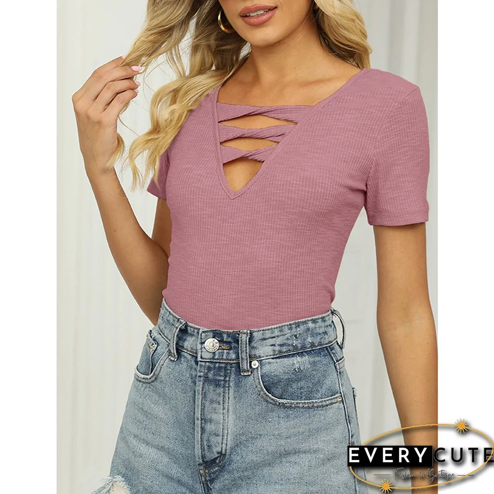 Pink Rib Strappy Hollow-out Neck Short Sleeve Tees