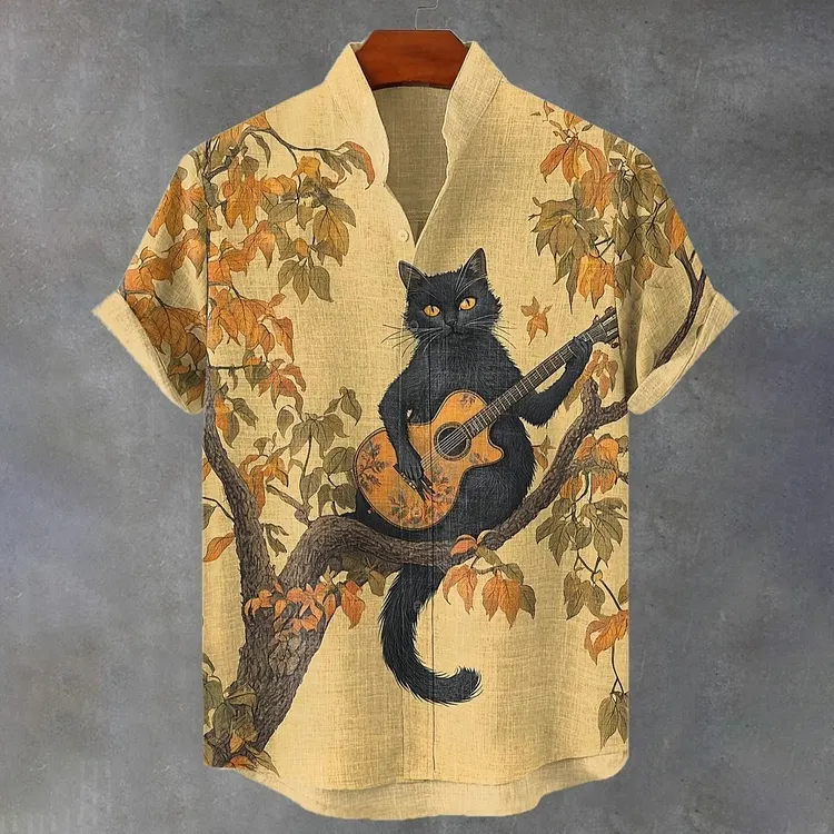 Men's Retro Black Cat Performing Japanese Art Print Button Casual Shirt