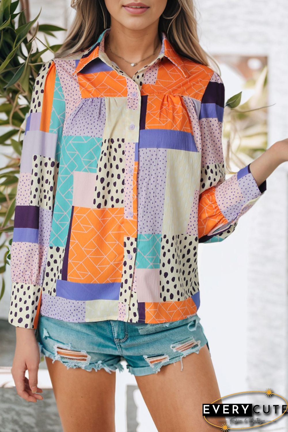 Multicolor Mixed Print Button Front Cuffed Sleeve Shirt