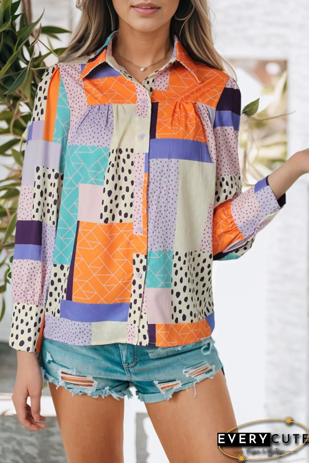 Multicolor Mixed Print Button Front Cuffed Sleeve Shirt