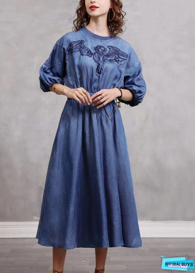 Vintage Blue Embroidered Elastic Waist Long Denim Dress Lantern Sleeve