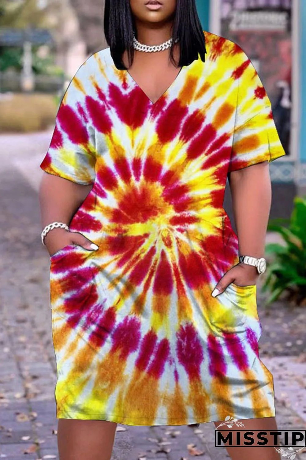 Blue Red Fashion Casual Print Tie-dye V Neck Short Sleeve Dress