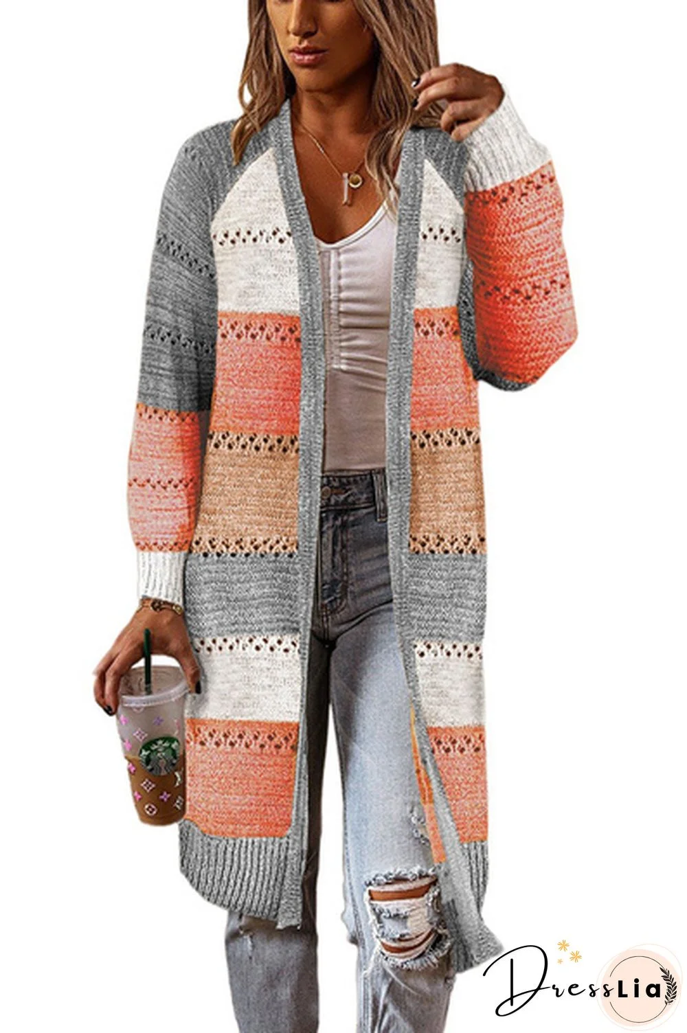 New Fashion Women Cardigan Comfy Stylish Stitching Long Sleeve Striped Patchwork Sweater Female Casual Long Cardigan Autumn Winter Tops