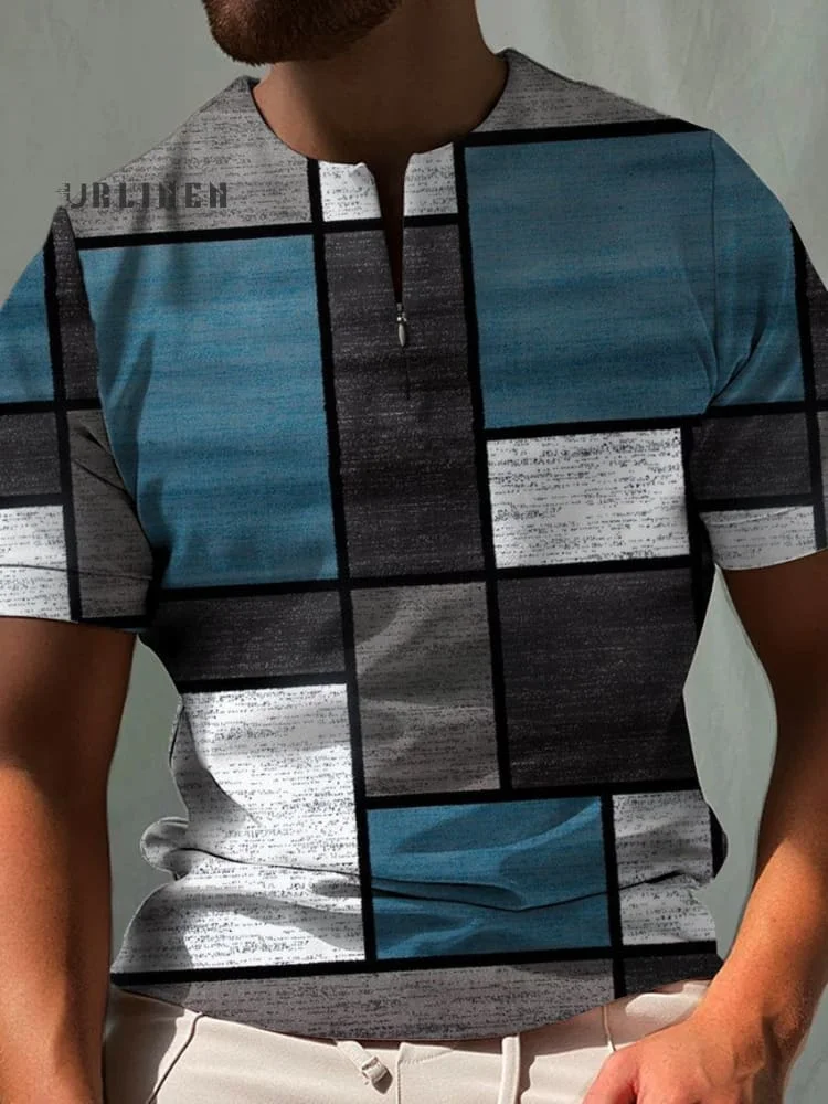 Leisure Arts Geometric mosaic Print 100% Cotton Zipper Polo Shirt