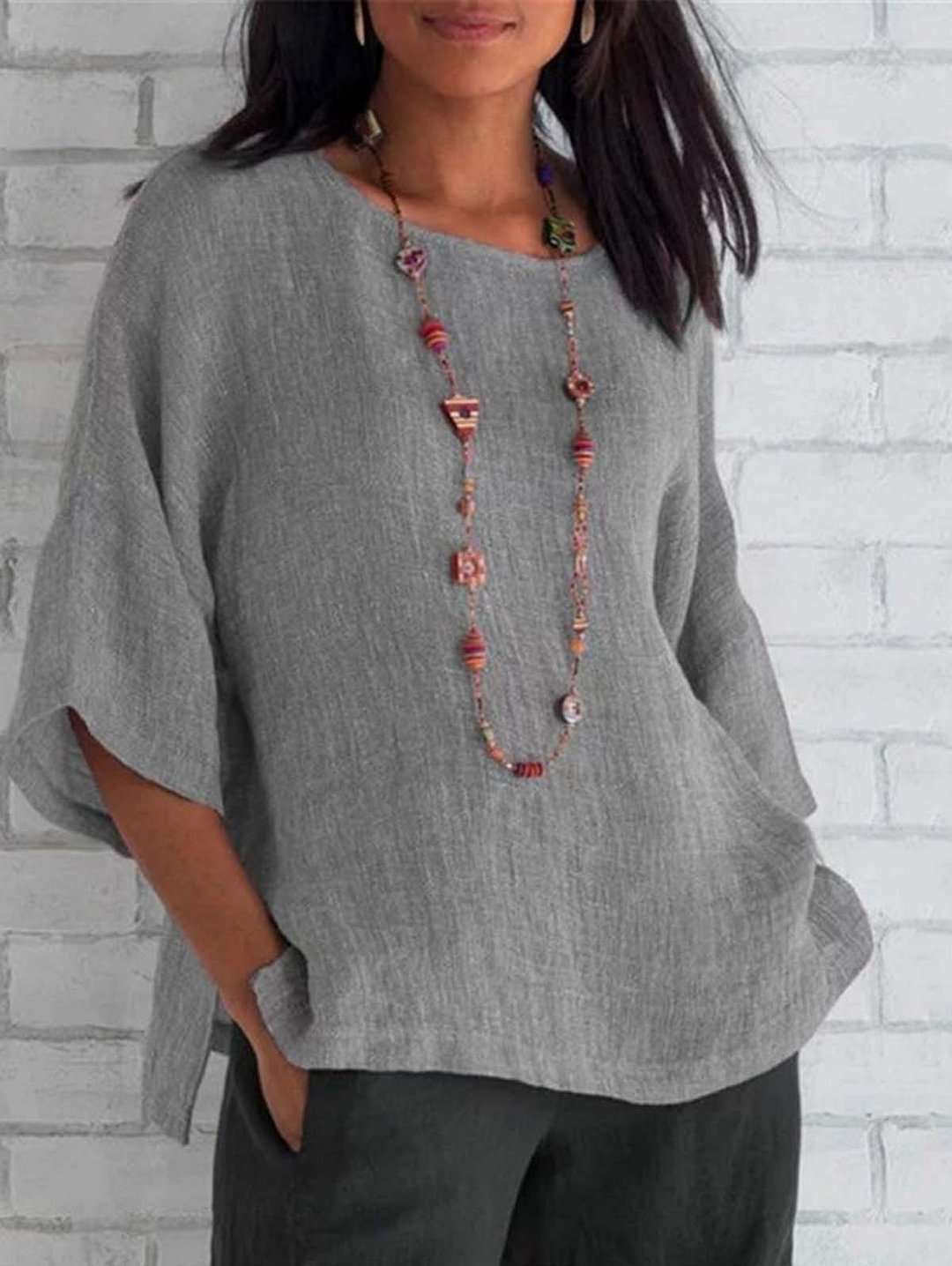Crew Neck Solid Slit Side Top