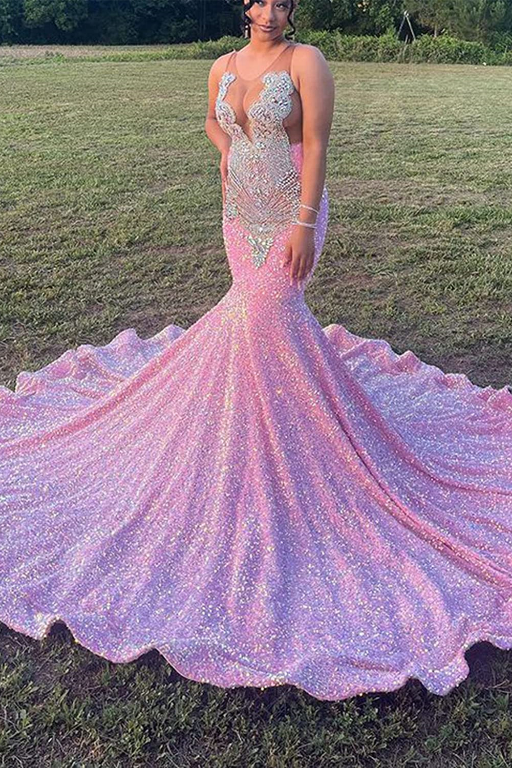 Luluslly Pink Sequins Prom Dress Mermaid Sleeveless With Crystal