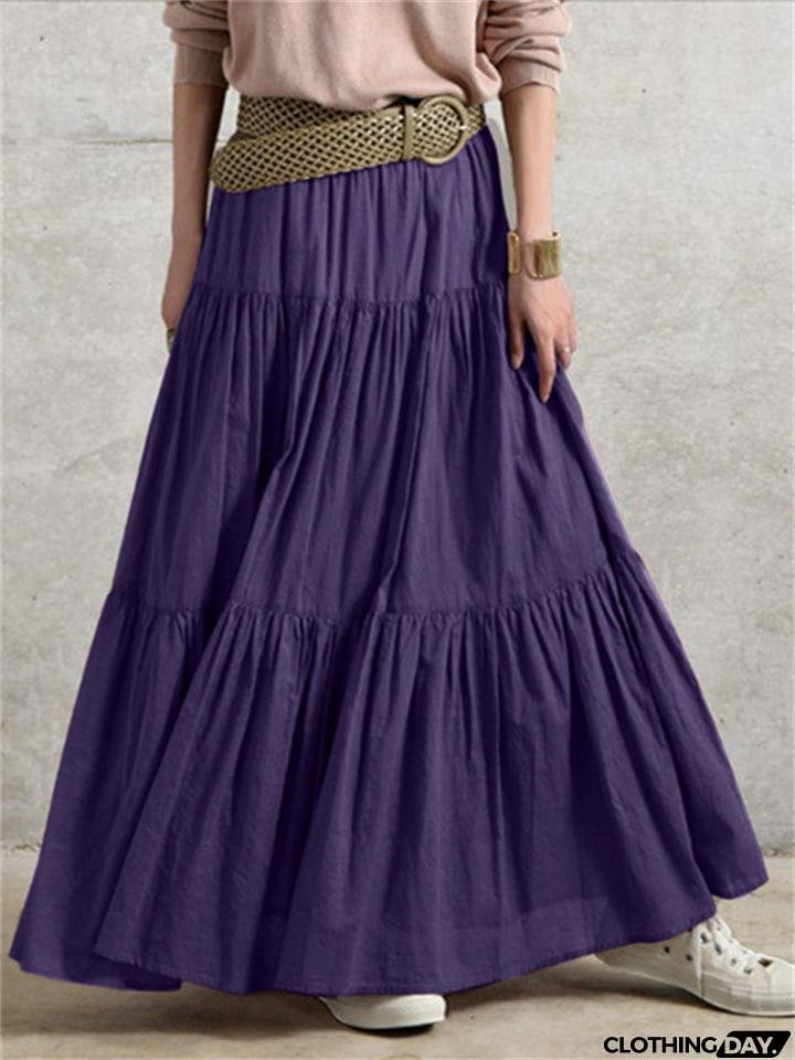 Women's Vintage Casual Elastic Waist Ruffle Long Skirts
