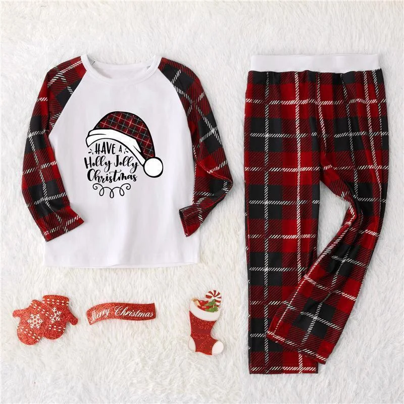 Christmas Hat Top and Plaid Pants Family Matching Pajamas Set