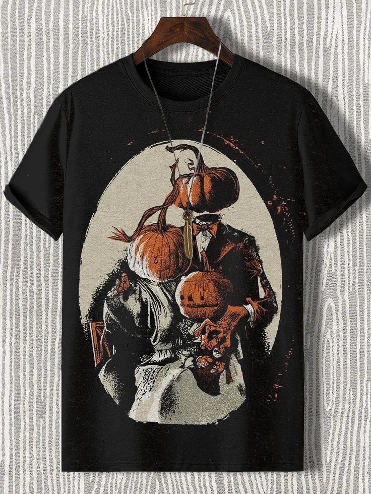 Men's Retro Mysterious Pumpkin Family Photo Art Print Casual T-Shirt
