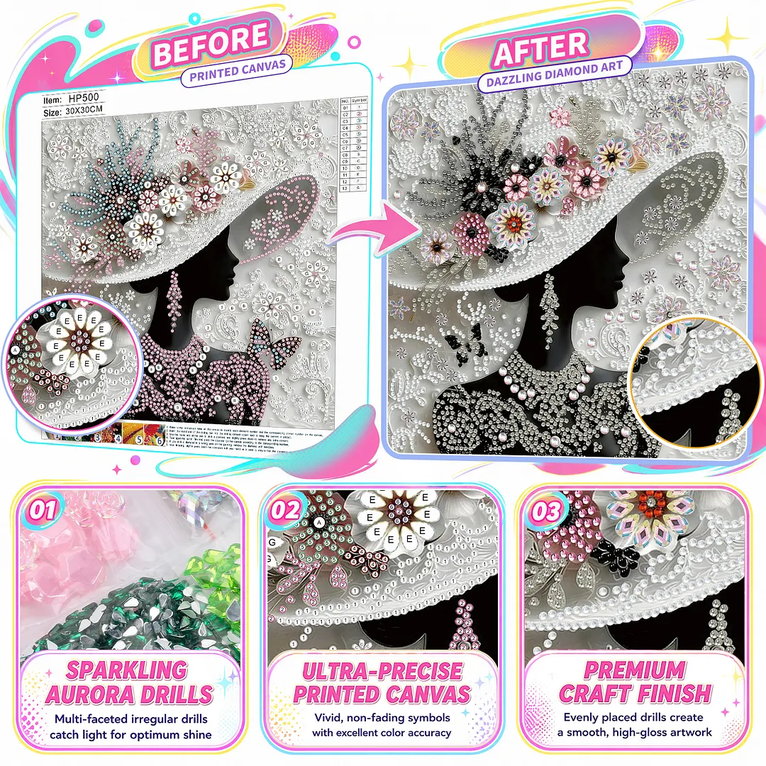 Floral Hat Silhouette Special Shaped 5D DIY Partial Drill Diamond Painting Kits for Adults Beginners Home Decor Diamonds Dots Gem Art Kits Diamond Art Kit 11.81 X11.81inch