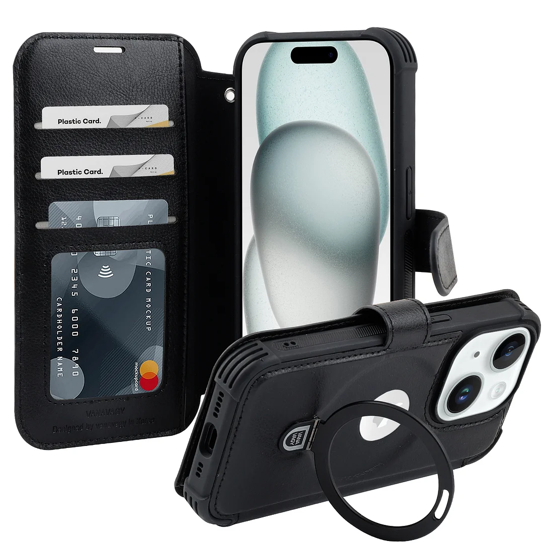 VANAVAGY Wallet Case for iPhone 14 Case Magnetic Ring Holder Flip Shockproof Leather Phone Case