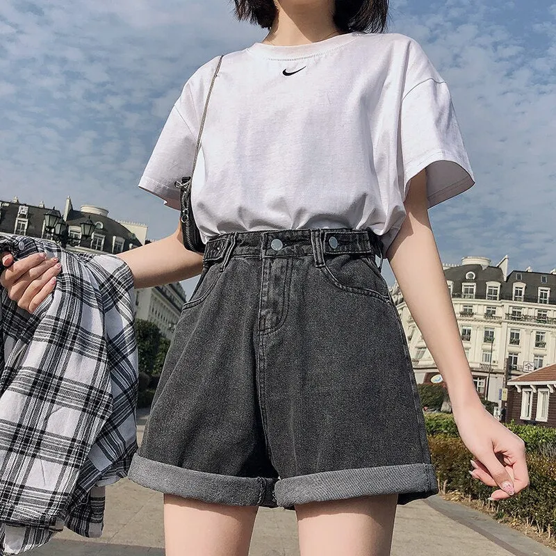 Ailegogo 2021 New Summer Women Button Wigh Leg Jeans Shorts Casual Female High Waist Loose Fit Blue Denim Shorts
